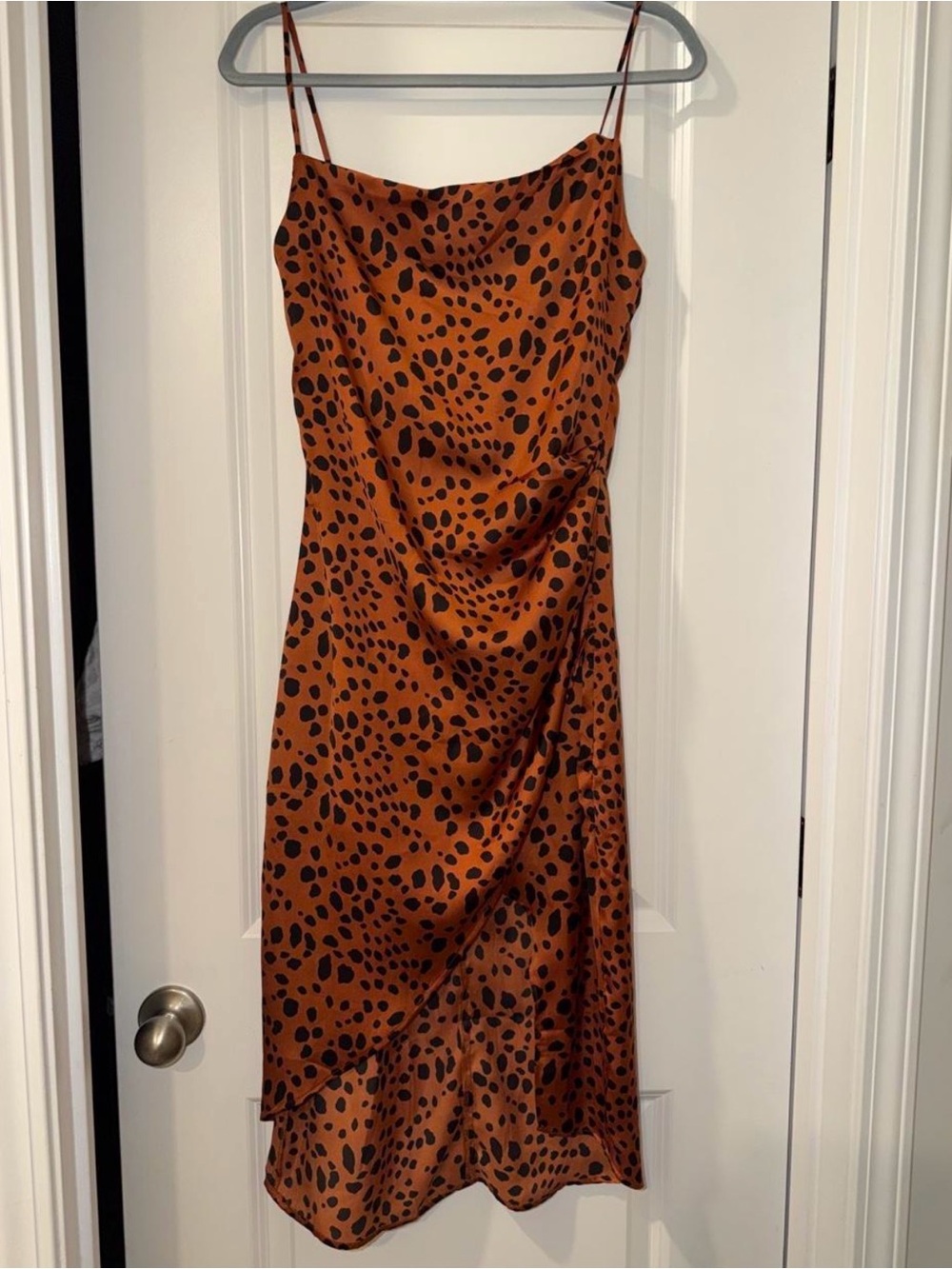 NWT Le Lis Rust Orange Brown Cheetah Midi Slip Dress Leg Slit Spaghetti Straps M